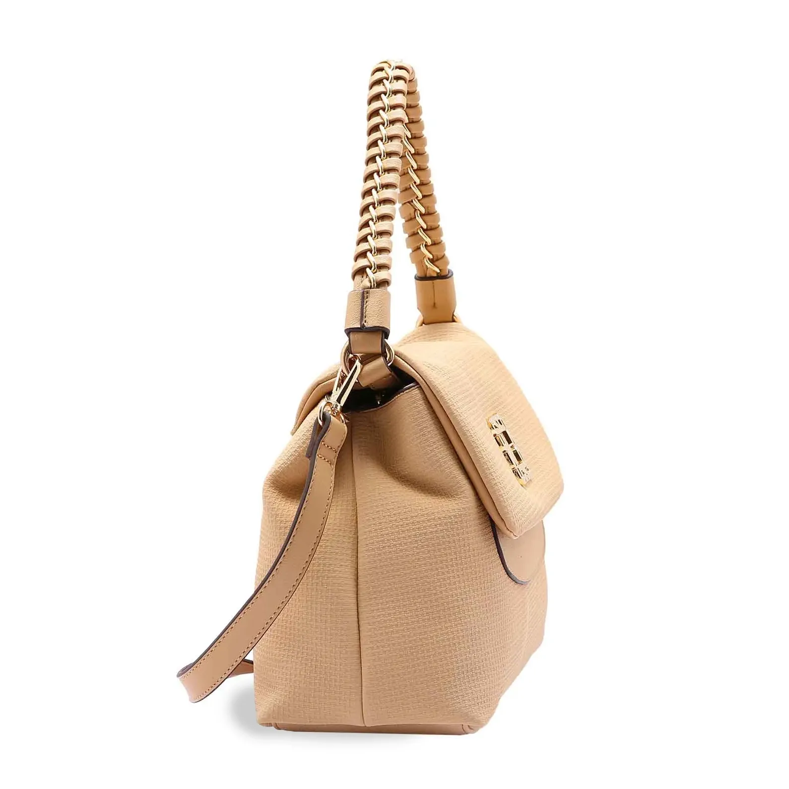 Visão lateral da bolsa de mão feminina Chenson bege com alça ajustável